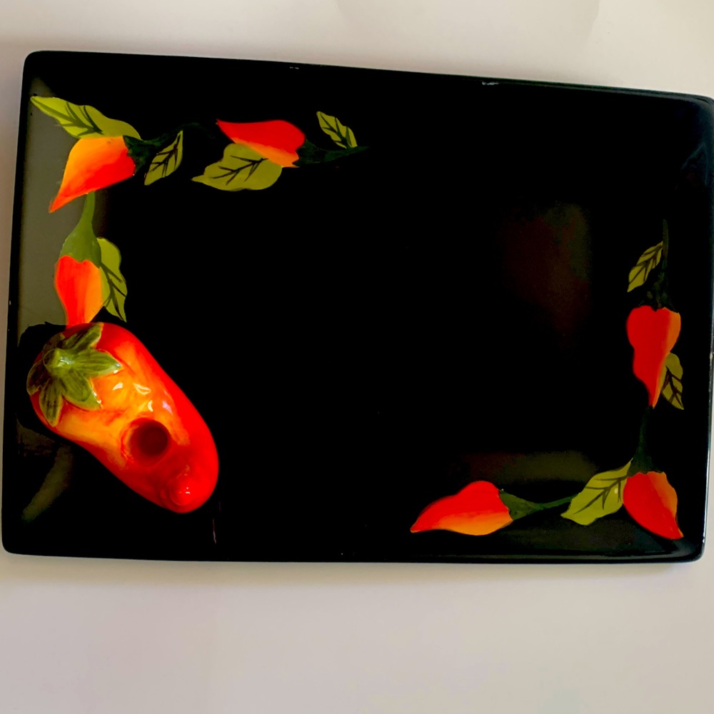 Chili Pepper appetizer plate great for entertaining. Black/green with chilis.